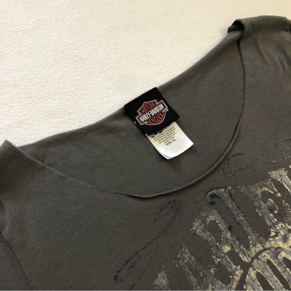 Harley Davidson Women Gray Flame Eagle Texas Raw Edge Cap Sleeve T-Shirt Top XL - Picture 5 of 9